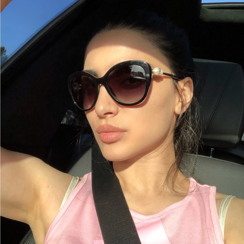 CHANEL Black , white Chanel pearl Wraparound Sunglasses with Matte Finish